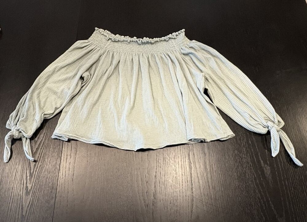 Free People We The Free Off Shoulder Smocked Striped Boxy Blouse Raw Hem XS